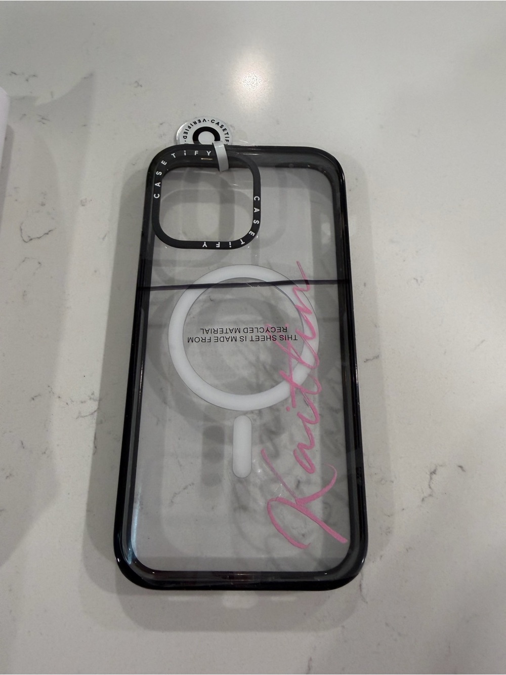 Casetify Clear Case with Black Bumper and Pink Script